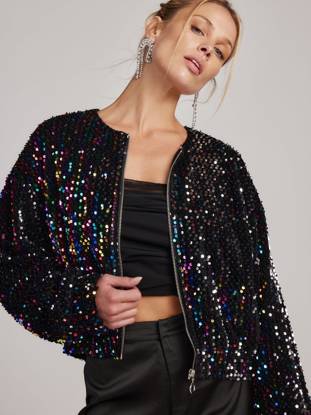 12th Tribe Black Sequin Bomber Jacket with Multicolor Iridescent Accents - Picture 2 of 9